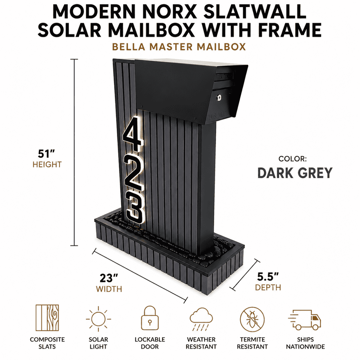 Modern NORX Composite Mailbox with Solar Light