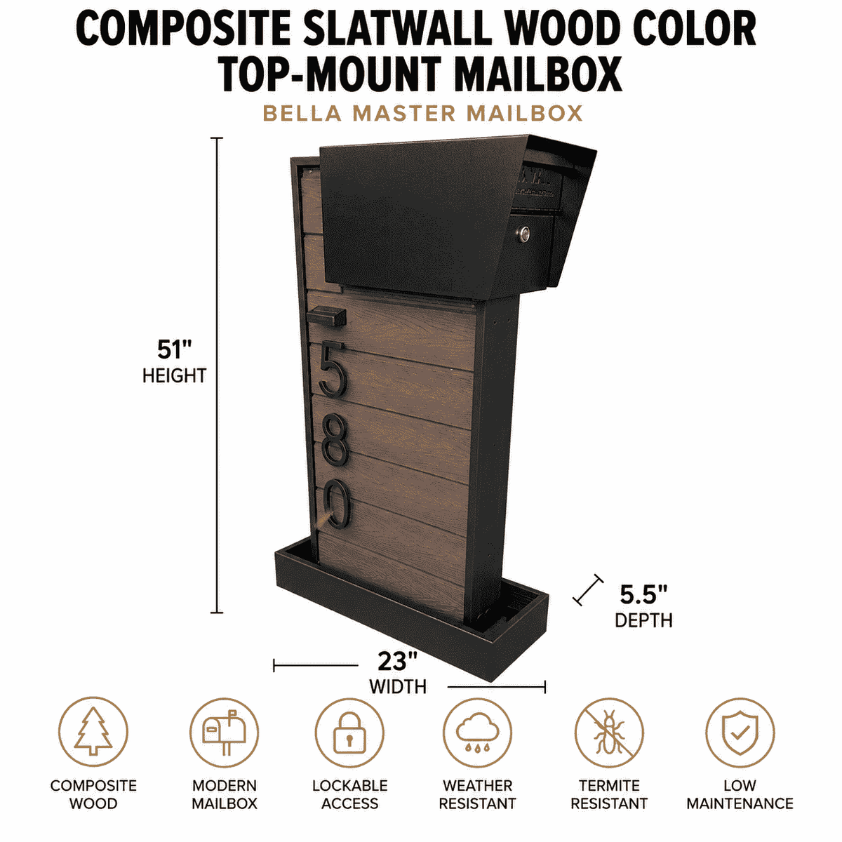 Composite Slat Wood Color Top-Mount Mailbox