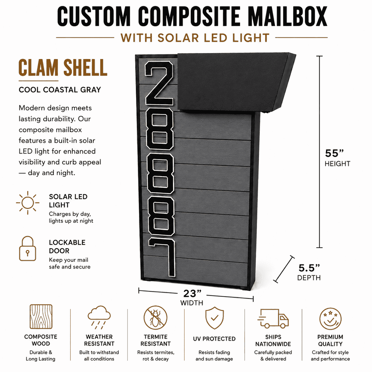 Custom Composite Mailbox with Solar LED Light