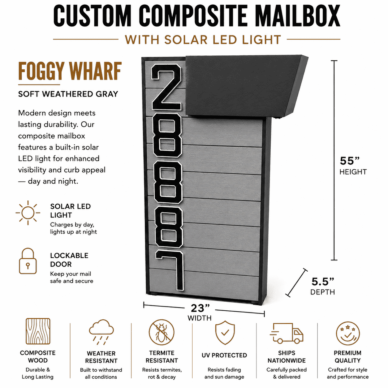 Custom Composite Mailbox with Solar LED Light
