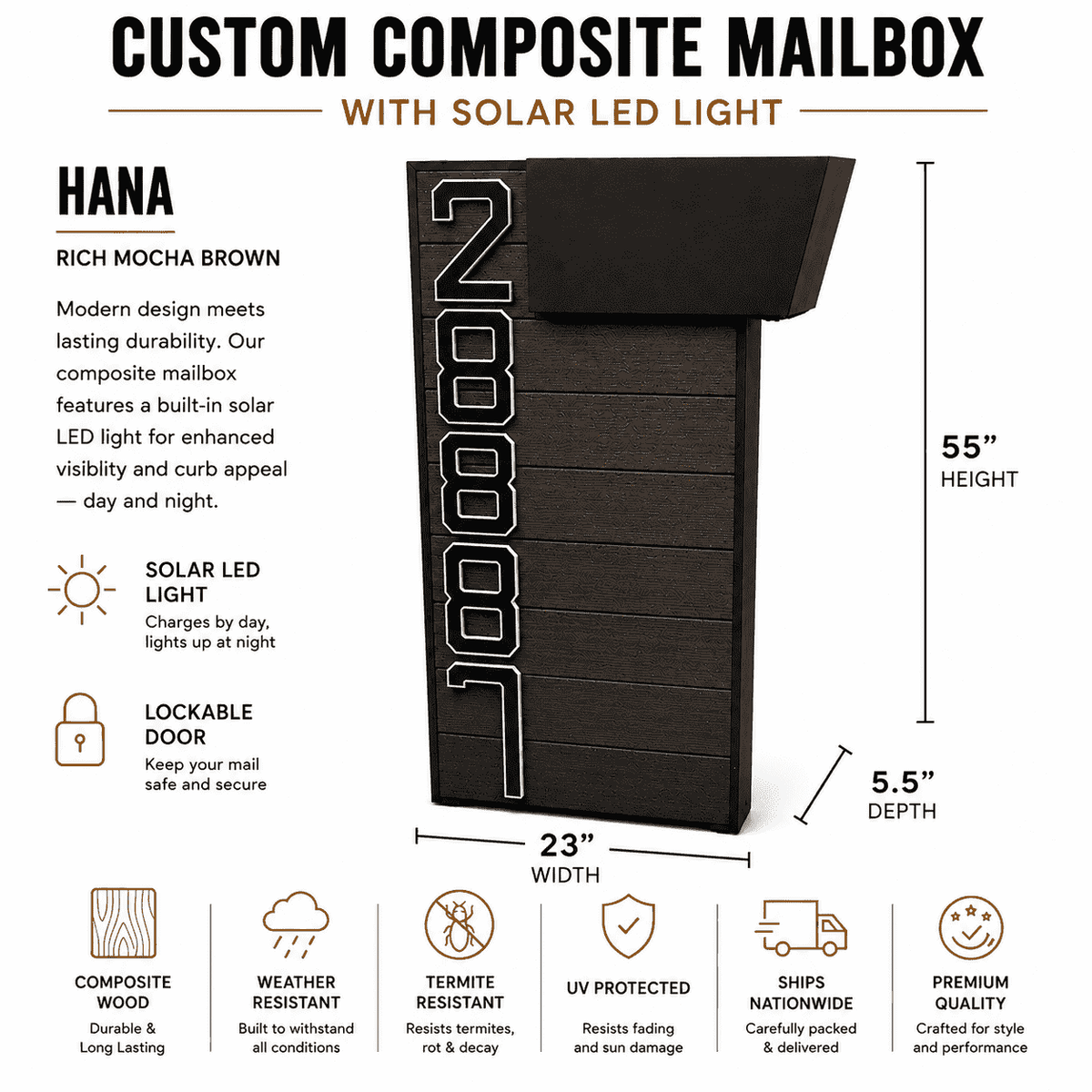Custom Composite Mailbox with Solar LED Light