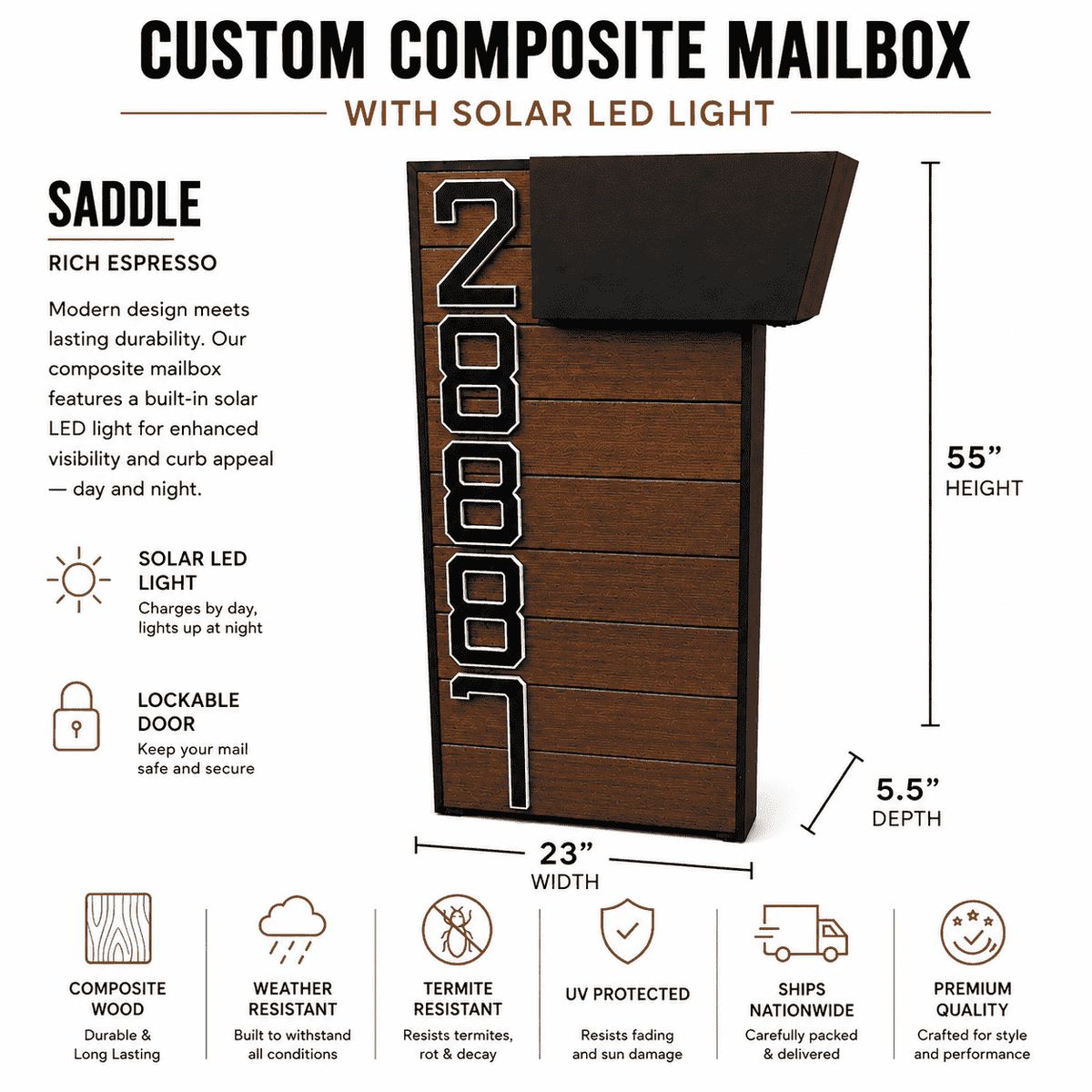 Custom Composite Mailbox with Solar LED Light
