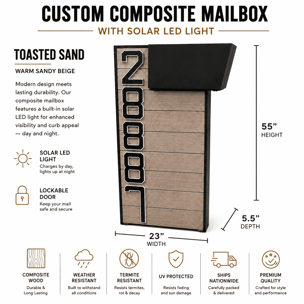 Custom Composite Mailbox with Solar LED Light
