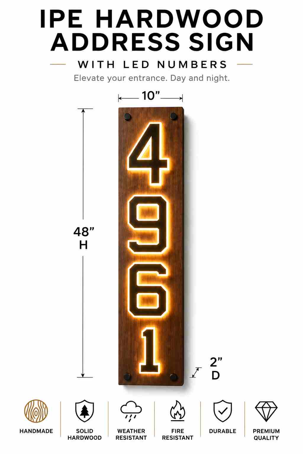 IPE Hardwood Address Sign with LED Numbers