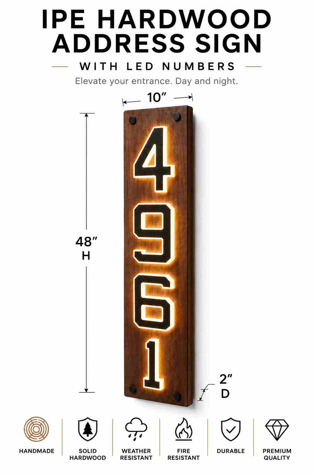 IPE Hardwood Address Sign with LED Numbers
