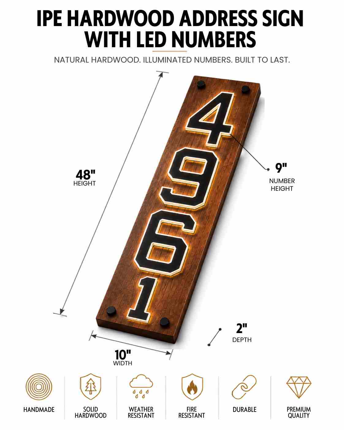 IPE Hardwood Address Sign with LED Numbers