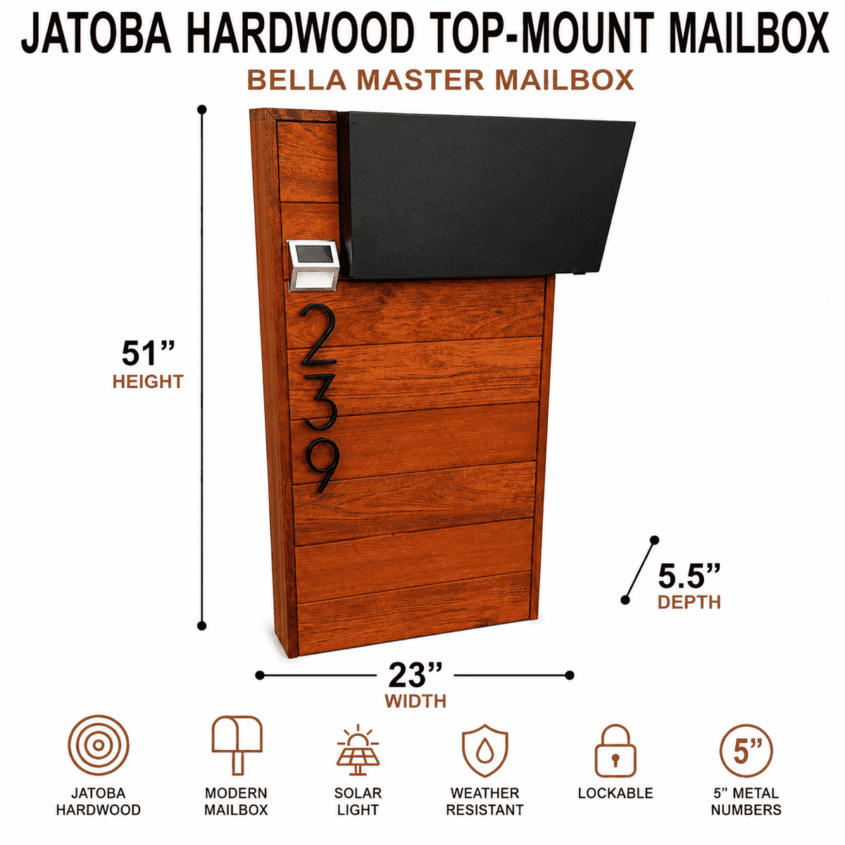 Jatoba Hard Wood Top-Mount Mailbox